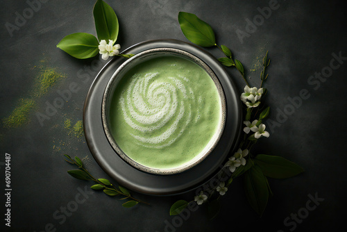 Background organic matcha green tea drink healthy beverage cup ingredient chinese food latte japanese