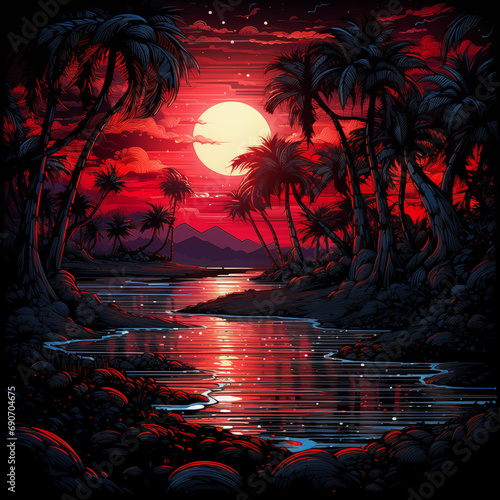 the sunset over a tropical paradise with palm trees and island scenery illustration