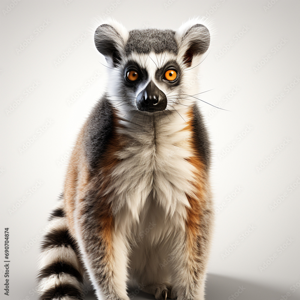 Ring-tailed lemur, Lemur catta, in front of white background. generative ai