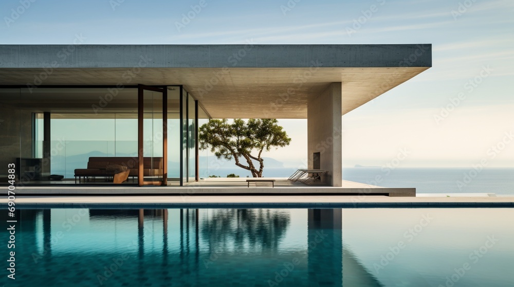 Close-up shot of a modern villa's architectural details, emphasizing the juxtaposition of glass panes and the calm waters of the infinity pool.