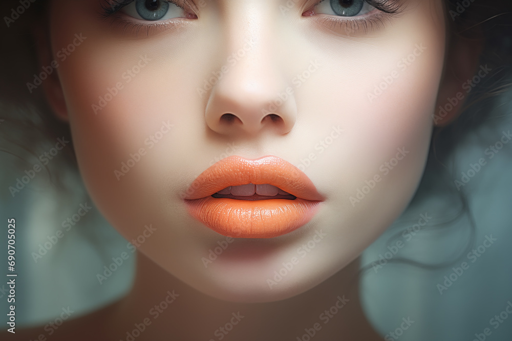 Close up view of beautiful young woman with plump peach fuzz lips Close up view of beautiful young woman with plump peach fuzz lips