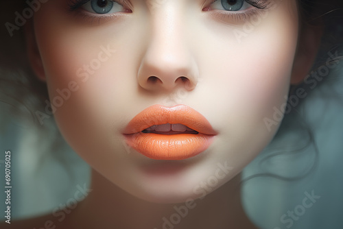 Close up view of beautiful young woman with plump peach fuzz lips