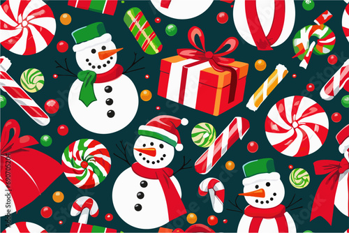 Vector christmas pattern with cartoon funny snowman in red hat of santa claus and scarf, candies, lollipop, gift on green background. 2024 New Year fashion ornament for fabric, paper, textiles, card.