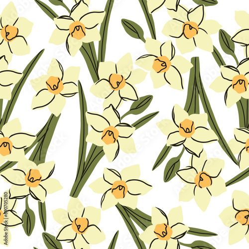 Flat vector daffodil flower seamless pattern