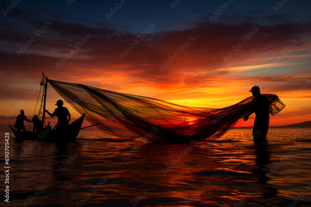 Local fishermens silhouettes on the African coast at sunrise when they prepare nets