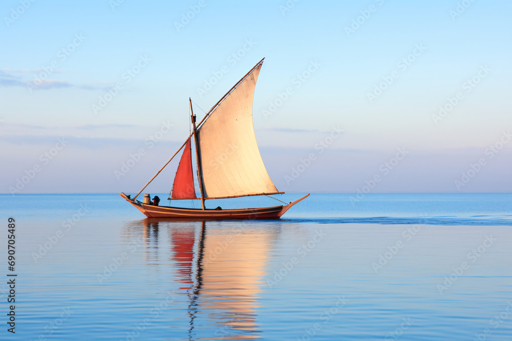 Traditional dhow boat sailing on the calm waters of the Indian Ocean along the East African coast