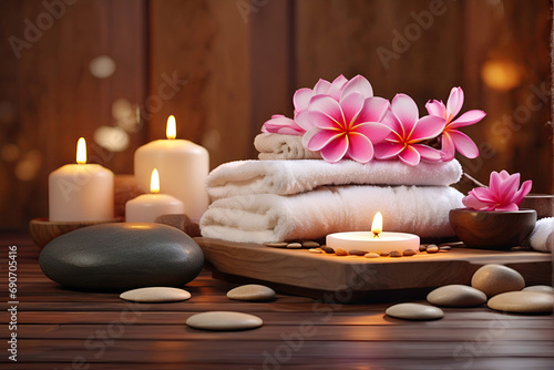 Spa treatment aromatherapy with candles  Stones and flowers for relax wellness.