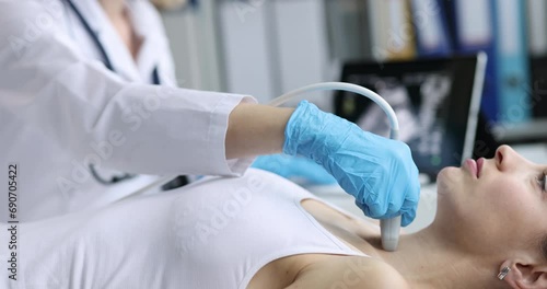 Doctor performs an ultrasound of thyroid gland in clinic. Thyroid disease concept photo