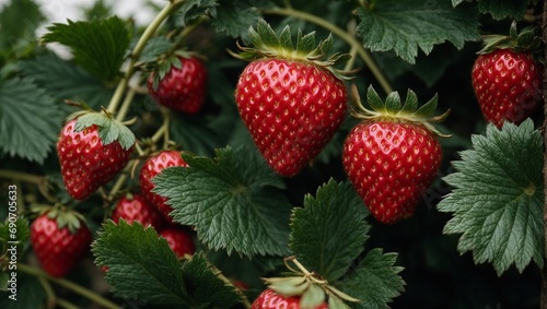 Strawberries in Various Stages of Growth on a Lush Green Bush