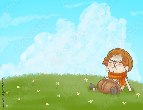 Chilling goat sitting on grass background