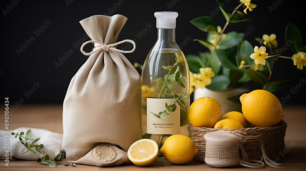 Non-toxic, natural home cleaning with sustainable lifestyle practices. Embracing the concept of spring cleaning with mockup packaging images Non-toxic, natural home cleaning with sustainable lifestyle practices. Embracing the concept of spring cleaning with mockup packaging images