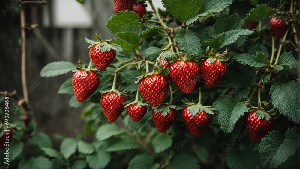 A Bunch of Red Strawberries Growing on a Bush A Bunch of Red Strawberries Growing on a Bush