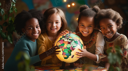 Concept for International Day of Peace featuring African children holding a globe of the Earth