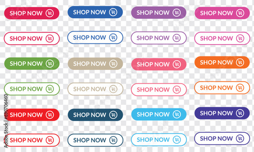 Shop Now button, Shop Now icon.  Set of button shop now or buy now. Modern collection for web site. Vector illustration.
