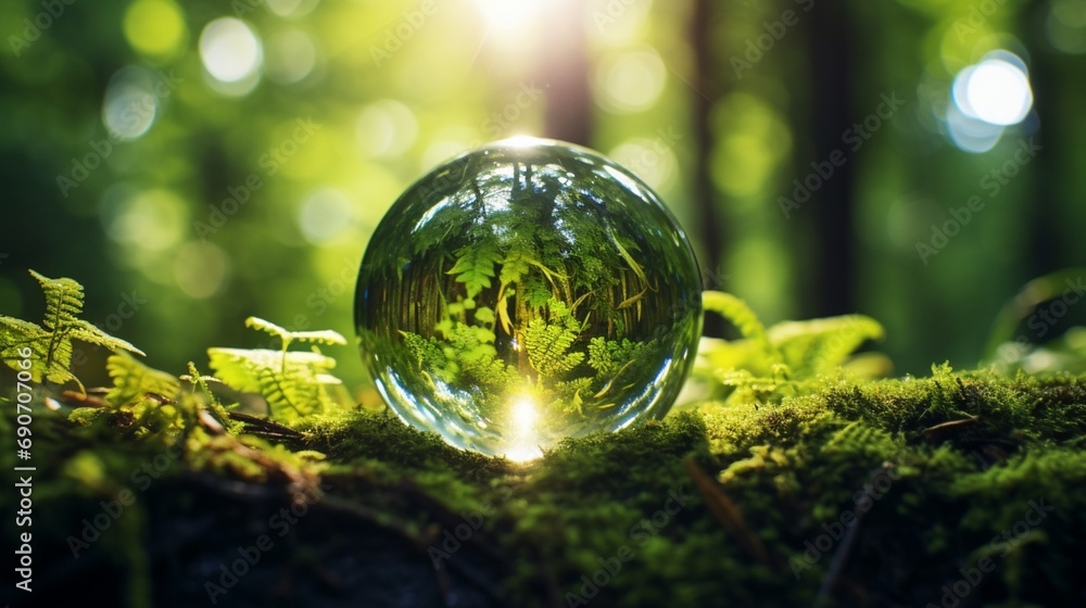 Dew-kissed glass orb resting in a forest, reflecting the surrounding greenery.
