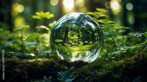 Dew-kissed glass orb resting in a forest, reflecting the surrounding greenery.