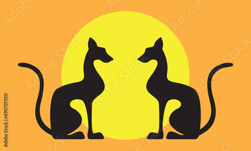 Two black egyptian cats shape silhouette sitting. Colorful sun background. Vector illustration.