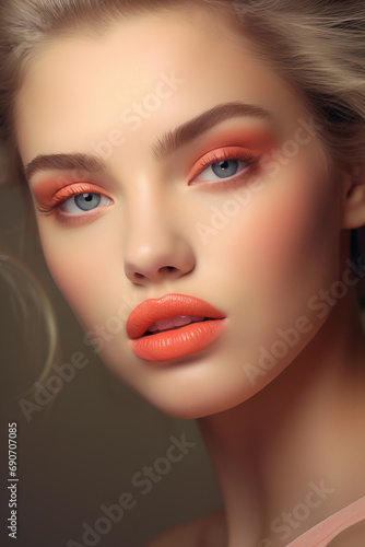 Close up portrait of beautiful young blonde woman with peach fuzz lips and eyeshadows