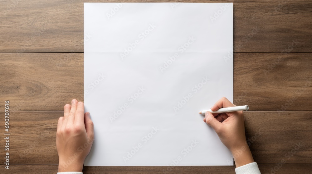 A blank white sheet on a wooden table. A hand holds a pencil. A blank white sheet on a wooden table. A hand holds a pencil.