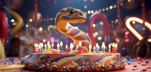 An exuberant snake slithering around birthday decorations, celebrating joyfully.