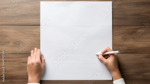 A blank white sheet on a wooden table. A hand holds a pencil.