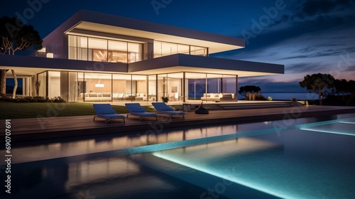 Evening shot of a sleek modern villa facade illuminated with ambient lights, highlighting its glass architecture and adjacent infinity pool. © rizwana