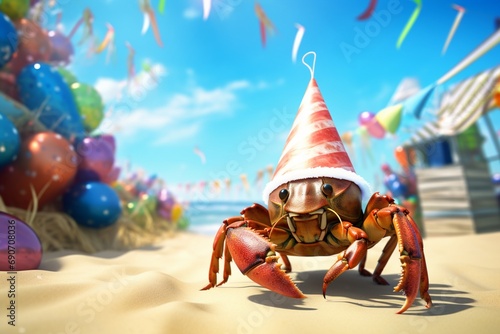 A mirthful hermit crab with a birthday hat, partaking in the lively celebration. Copy space.