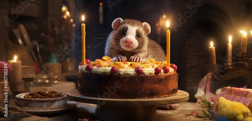 A mirthful ferret enjoying a slice of birthday cake at a lively celebration.