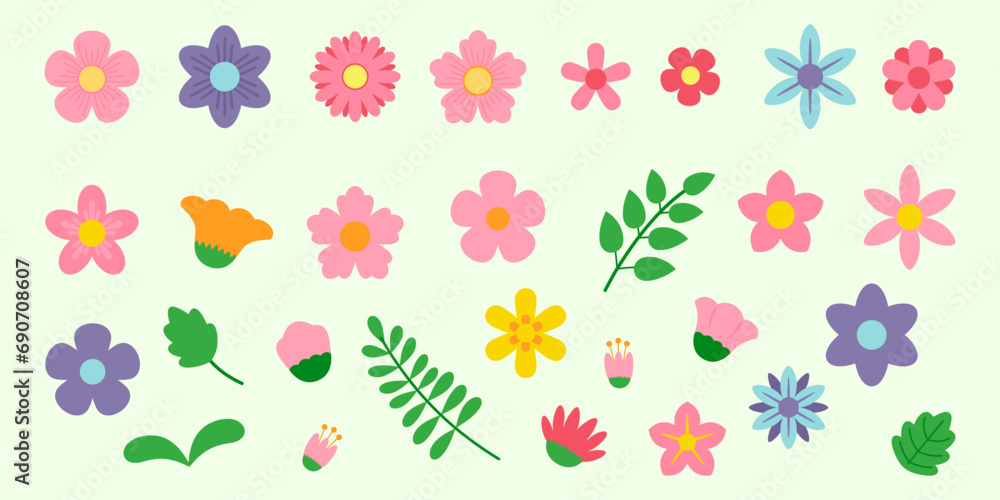 Flower set with flowers, leaves, plants, bouquet illustration in vector flat style. Flower set with flowers, leaves, plants, bouquet illustration in vector flat style.