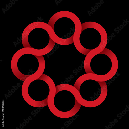 Intertwined red logo or design element. Isolated on black. Vector illustration.
