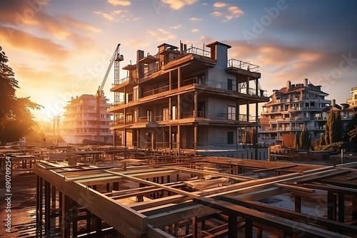 Marvelous Sunset Scene: Construction site aglow with the silhouette of structural steel beams, crafting grand residential buildings against a breathtaking sunset backdrop photo