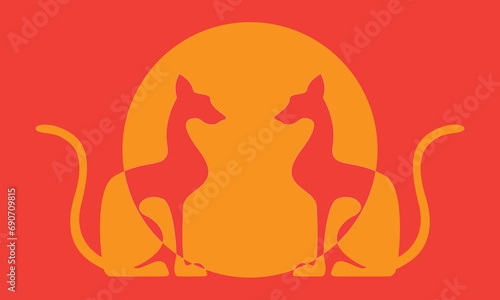 Two bright egyptian cats shape silhouette sitting. Colorful sun background. Vector illustration.