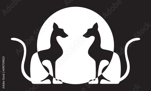 Two black egyptian cats shape silhouette sitting. Black and white sun background. Vector illustration.