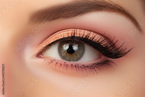 Beautiful macro shot of female green eye make up with peach fuzz eyeshadows