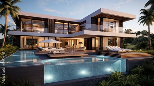 Luxurious modern villa facade exterrior view. © rizwana