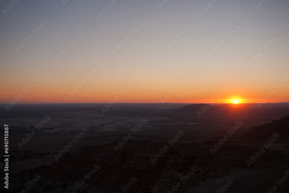 Sunset at Monument rock area, Kazakhstan landmark, Mangystau region
