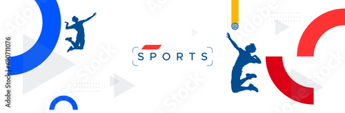 Sports background design has a sports celebration concept featuring silhouettes of volleyball players or people playing volleyball and abstract ornaments. National sports celebration