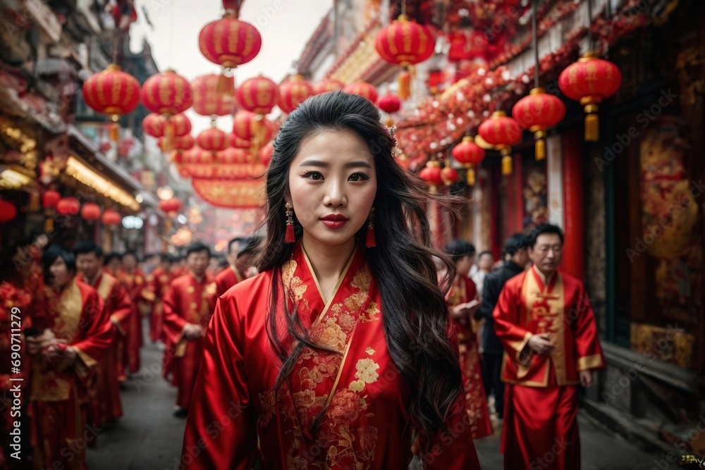 asian young woman celebrates chinese new year on the street
