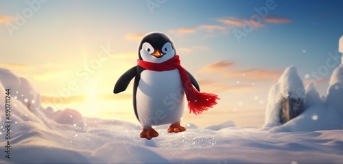 A whimsical penguin  in a fluffy winter coat and a vibrant red stocking cap 