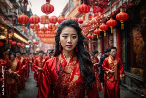 asian young woman celebrates chinese new year on the street © uventa