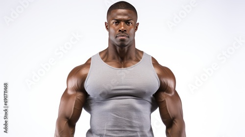 strength and confidence of a black man with a muscular body against a crisp white background. Perfect for fitness and athletic themes, celebrating diversity and strength
