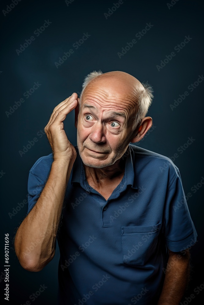 funny old man plays with his hands on his head while thinking