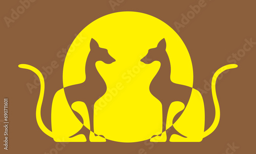 Two egyptian cats shape silhouette sitting. Colorful sun background. Vector illustration.