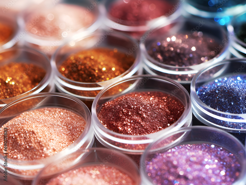 close up texture of glitter eye shadows in plastic containers close up texture of glitter eye shadows in plastic containers