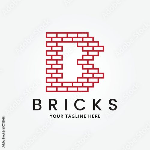red brick letter B, pile and stack balance bricks logo vector illustration design template product