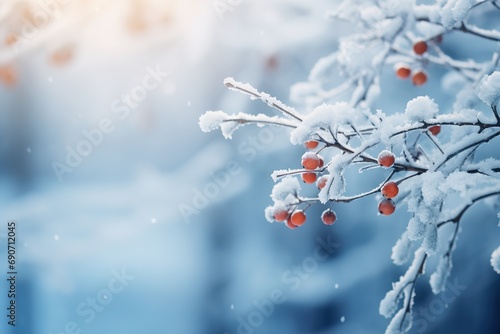 Fototapeta Naklejka Na Ścianę i Meble -  Tree branches with orange berries covered with snow in winter forest on a blurred winter forest background