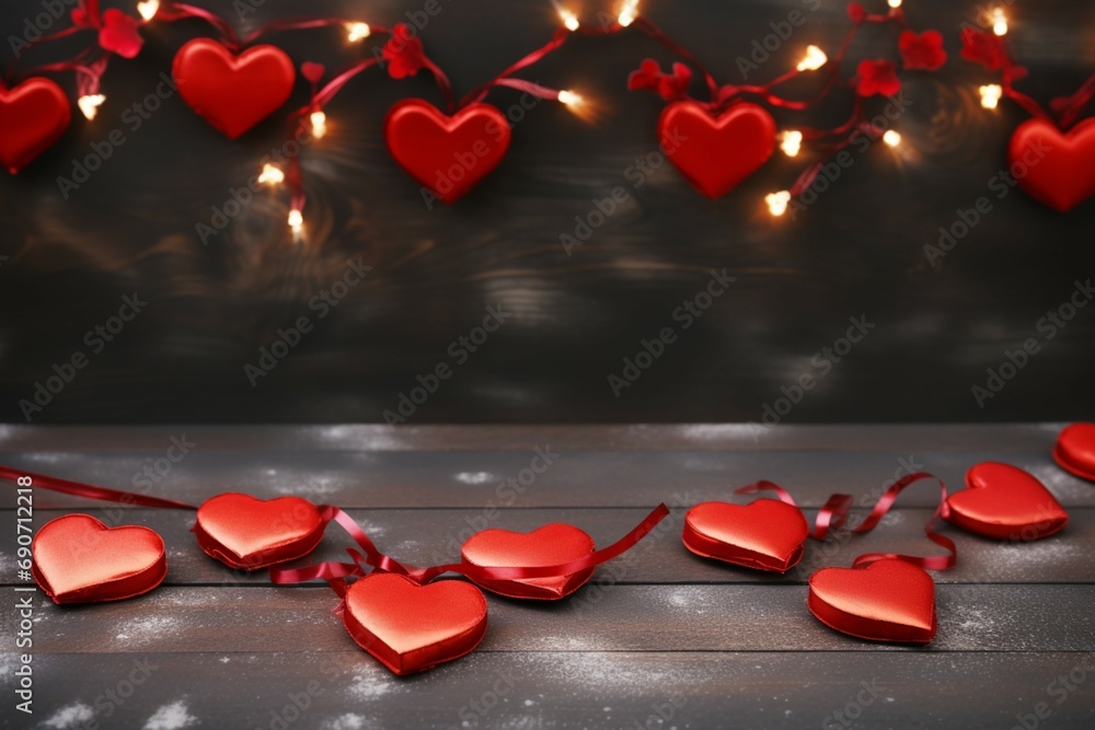 Valentines day concept with red hearts on wooden background banner abstract Copy space - obrazy, fototapety, plakaty 