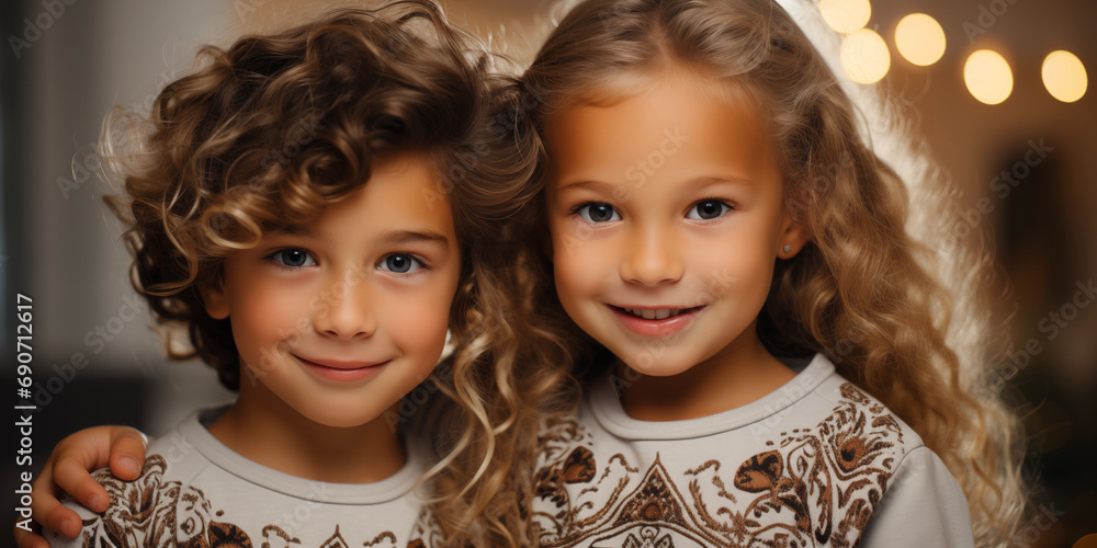 Happy Girl and Boy in Christmas Sweaters at Home. Two Adorable Curly-Haired Children, brother and sister, in a Cozy Setting, Smiling Happily, Embodying the Warmth and Joy of Childhood Happy Girl and Boy in Christmas Sweaters at Home. Two Adorable Curly-Haired Children, brother and sister, in a Cozy Setting, Smiling Happily, Embodying the Warmth and Joy of Childhood