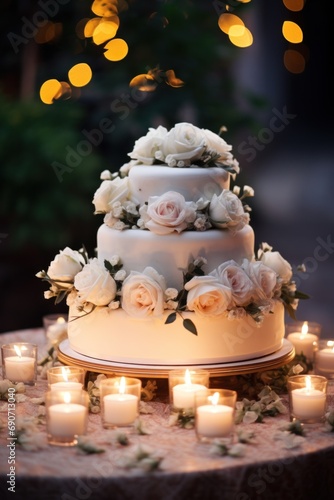 Outdoor Festive wedding cake decorated with white fondant icing and pink and white roses on white table