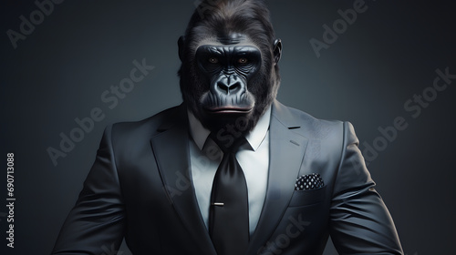 Portrait of a gorilla in a business suit on a dark background. Business leader concept.